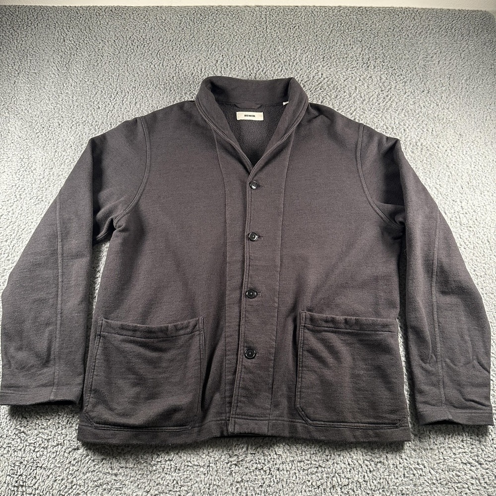 Buck Mason Cardigan Sweater Mens XL Gray 100% Cotton Knit Shawl Collar Pockets